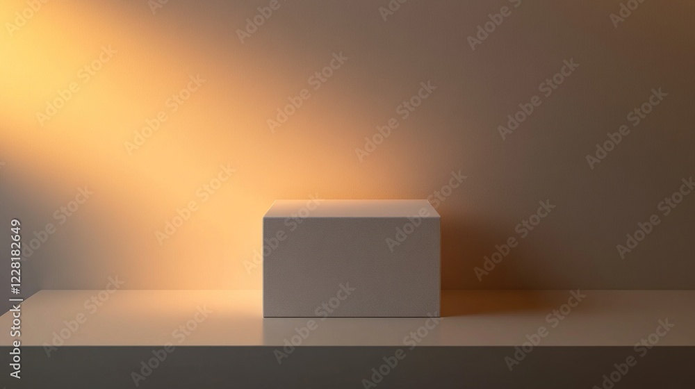 Poster 3d rendered light brown cube on a platform with a soft, warm light highlighting the simple shape aga