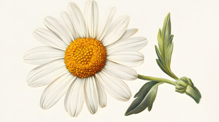 Vibrant Botanical Art Depicting a Single White Daisy with Green Foliage
