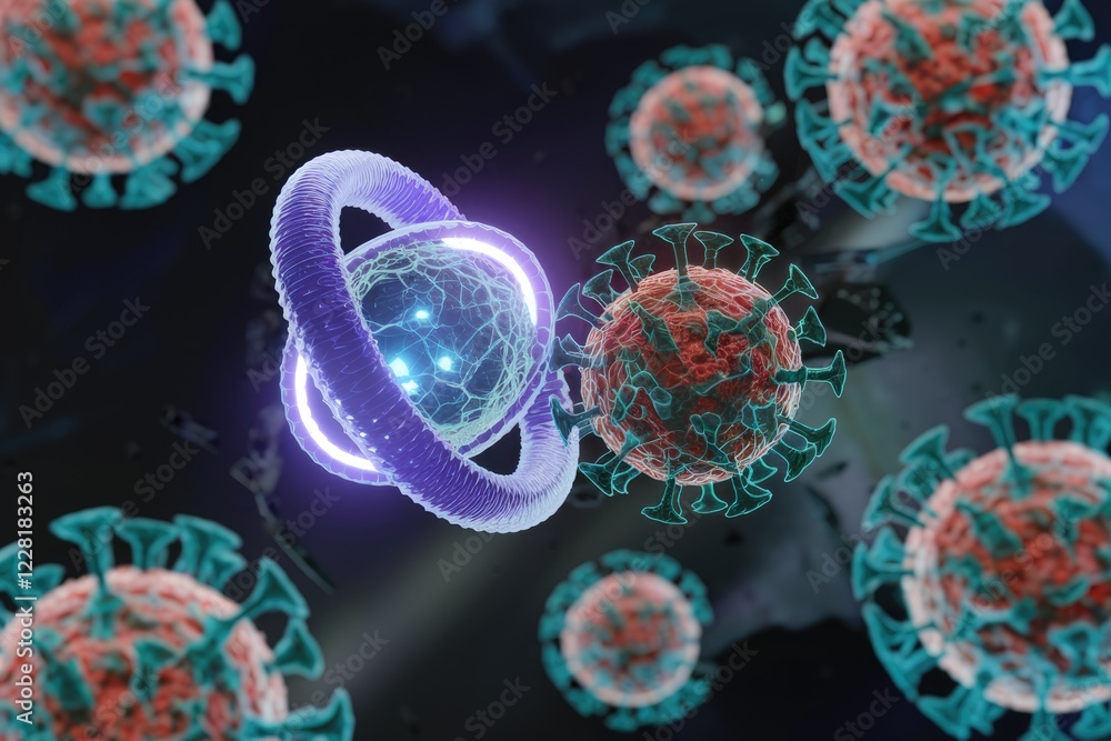 Aufkleber Microscopic view of a glowing atom-like structure interacting with several coronavirus particles.