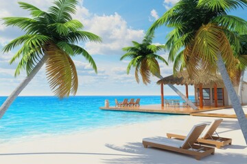 Idyllic beach scene with palm trees, a beachfront bungalow, and lounge chairs inviting relaxation.