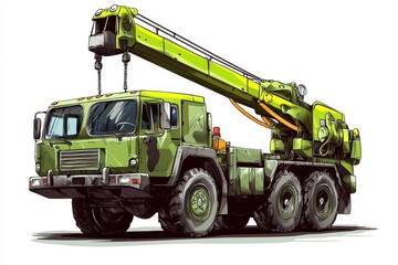 Fototapeta premium Crane Truck isolated on white background. Heavy Machinery. Construction Vehicle. Mobile Crane. Truck with Crane Arm. Crane Truck Design Element. Realistic Crane Truck isolated for Designers.