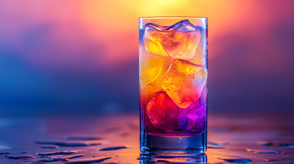 Colorful Sunset Cocktail Drink with Ice Cubes