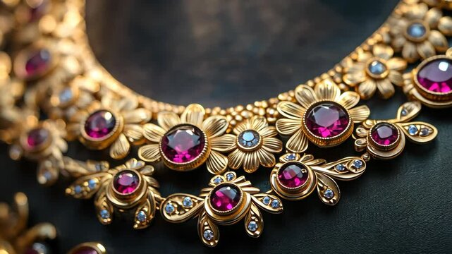 Exquisite gold necklace with ruby and sapphire details shining in elegant display