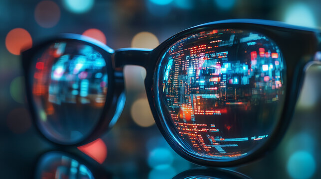 Glasses reflecting circuit board, symbolizing digital vision enhancement