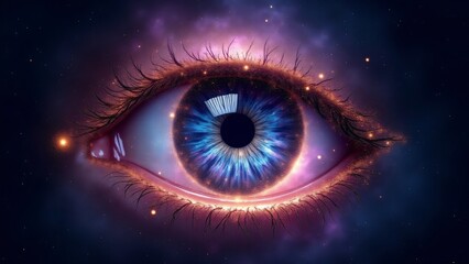 Fototapeta premium A mystical eye with an iris shaped like a swirling galaxy, glowing with vibrant cosmic colors and surrounded by a starry void.