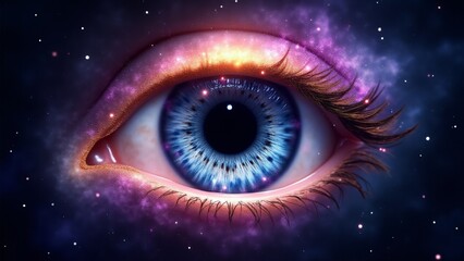 A mystical eye with an iris shaped like a swirling galaxy, glowing with vibrant cosmic colors and surrounded by a starry void.