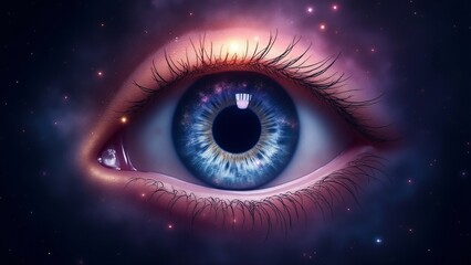 Fototapeta premium A mystical eye with an iris shaped like a swirling galaxy, glowing with vibrant cosmic colors and surrounded by a starry void.