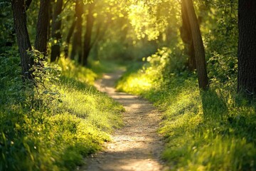 Obraz premium Sunlit Path Through a Lush Green Forest