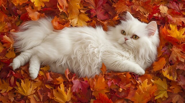 A fluffy white cat reclining on a bed of vibrant autumn leaves, showcasing a serene expression amidst the colorful foliage - Powered by Adobe