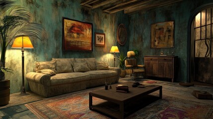 Fototapeta premium A dimly lit vintage living room with aged furniture and teal walls