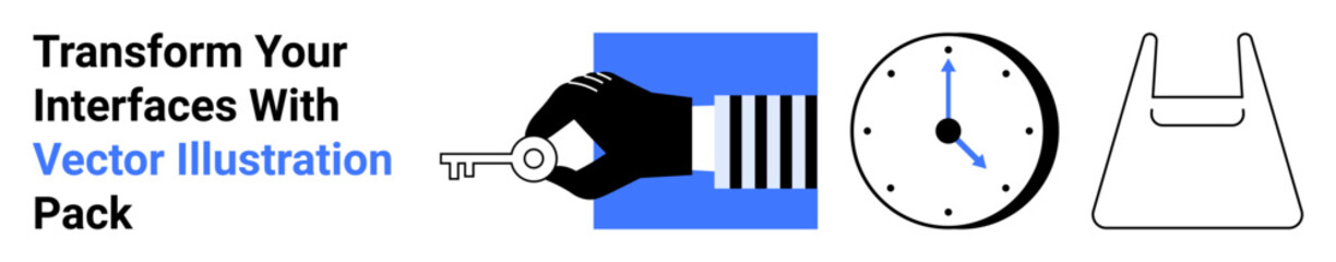 Hand holding key, minimalist clock, and shopping bag in black, white, and blue. Ideal for design, branding, modern apps, e-commerce time management security and flat landing page banner