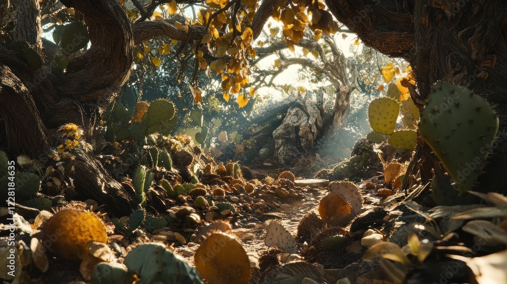 Poster Sunlit Path Through Twisted Trees and Cactus
