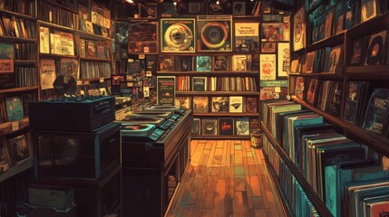 Fototapeta premium Vintage Record Store Filled With Vinyl Albums