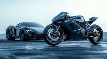 Futuristic black sports car and motorcycle on a modern paved track
