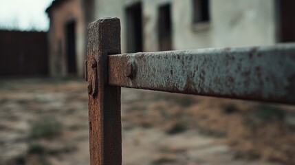 Close-up of rusty metal fence post and bar, blurred abandoned building background.