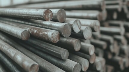 Close-up of stacked rusty metal rods in warehouse.