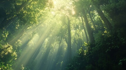 Sunbeams Illuminate A Misty Forest Canopy