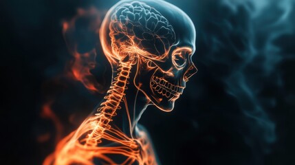 An abstract image of the human skeletal system with glowing bones and a dark, fluid background, Neon style