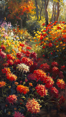Vibrant Autumn Garden with Colorful Chrysanthemums, Asters, and Dahlias for Seasonal Decor