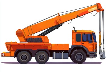 Crane Truck isolated on white background. Heavy Machinery. Construction Vehicle. Mobile Crane. Truck with Crane Arm. Crane Truck Design Element. Realistic Crane Truck isolated for Designers.
