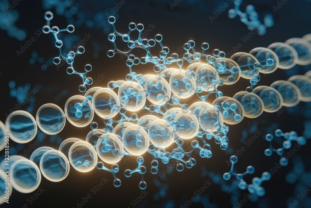 Poster Microscopic view of molecules and cells interconnected, showing complex biological structures.