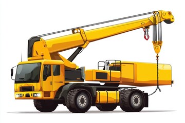Crane Truck isolated on white background. Heavy Machinery. Construction Vehicle. Mobile Crane. Truck with Crane Arm. Crane Truck Design Element. Realistic Crane Truck isolated for Designers.