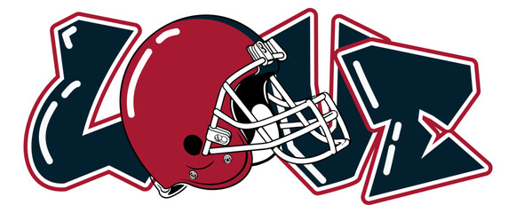 love - red and blue football player helmet, sport vector graphics, hockey, for street art - graffiti lettering typography - art illustration - multicolor - writen	