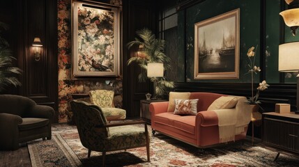 Elegant Living Room With Vintage Furniture And Artwork