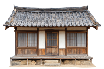 Isolated Classic Japanese House with Stone Foundation and Sliding Doors