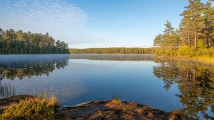 Fototapeta premium Serene morning mist over a calm forest lake