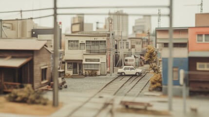 Naklejka premium Detailed miniature city model with houses, street, car, and train tracks.