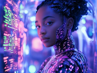 Futuristic black woman with cybernetic enhancements analyzing holographic data in virtual reality environment