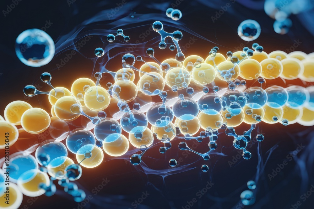 Poster microscopic view of molecules interconnected, forming a complex structure, exhibiting vibrant colors
