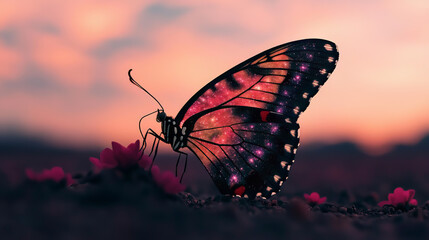 Obraz premium A butterfly with galaxy-patterned wings fluttering in a peaceful cosmic landscape 