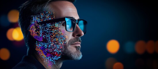 Businessman wearing glasses and undergoing facial recognition scanning process