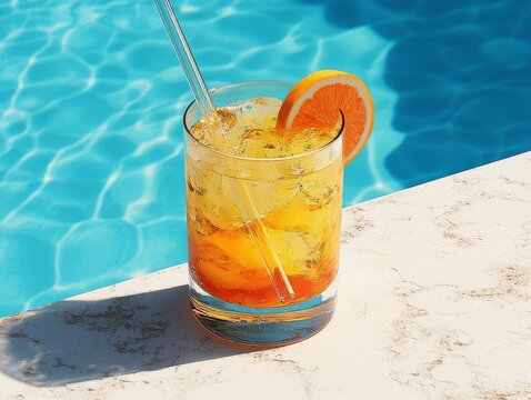 Refreshing orange cocktail with ice and straw by the poolside - Powered by Adobe