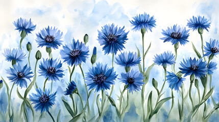 A Stunning Botanical Illustration Featuring Vibrant Blue Cornflowers