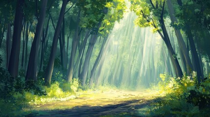 Fototapeta premium Sunlit Path Through Lush Green Forest Canopy