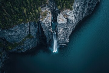 Fototapeta premium aerial orthographic view of rugged canadian cliffside with thin winding waterfalls carving delicate paths down rock