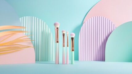 A set of makeup brushes are displayed on a blue background
