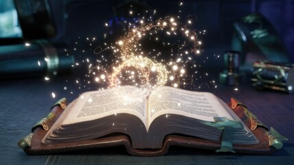 Obraz premium An open antique book glows with magical golden sparks, enchanting and mystical.