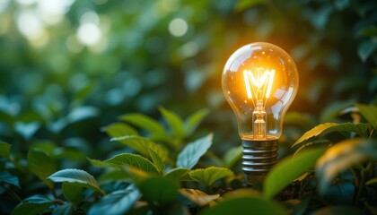 Glowing lightbulb on green leaves symbolizing innovation