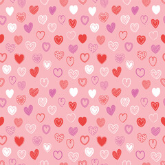 Cartoon style seamless pattern with cute hearts. Texture with hand drawn shapes. Doodles. Design for Valentine’s Day, Mother’s Day and Women’s Day. Vector illustration