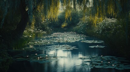 Serene Waterway With Water Lilies And Weeping Willows