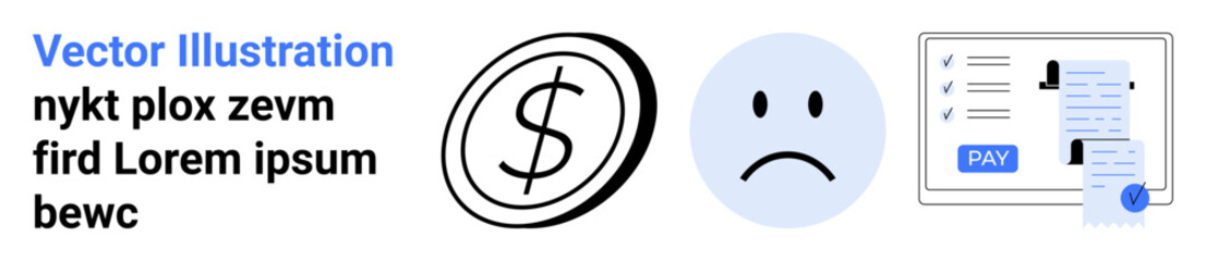 Dollar coin, sad face emotion, and online payment form with receipt highlight financial strain. Ideal for personal finance, budgeting, debt, online payments, emotional stress, spending habits