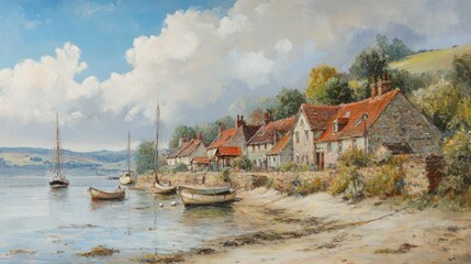Obraz premium Coastal Village Scene with Boats and Houses on Sunny Day