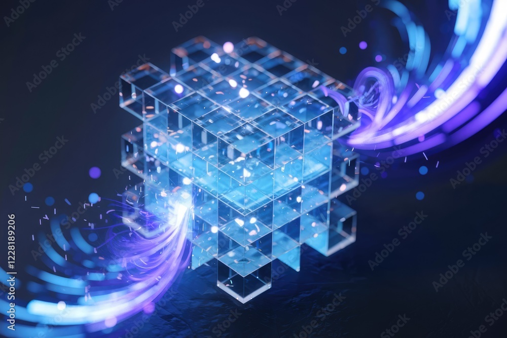 Poster A translucent cube structure with glowing blue energy streams, representing data processing or network connection.