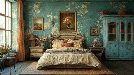 Rustic Vintage Bedroom Featuring Antique Furniture and Artwork