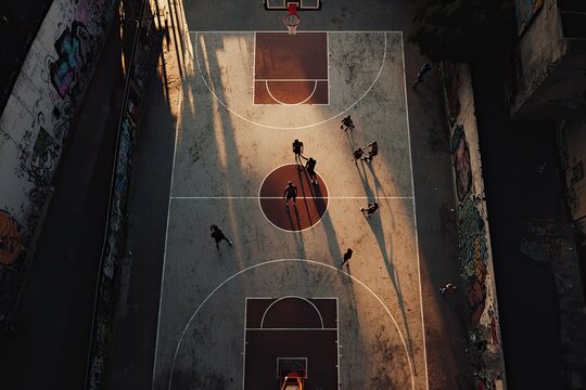 ultra-realistic aerial shot of intense street basketball game on worn-out asphalt court faded white lines creating
