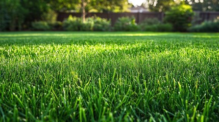 A lush green lawn with a fence in the background